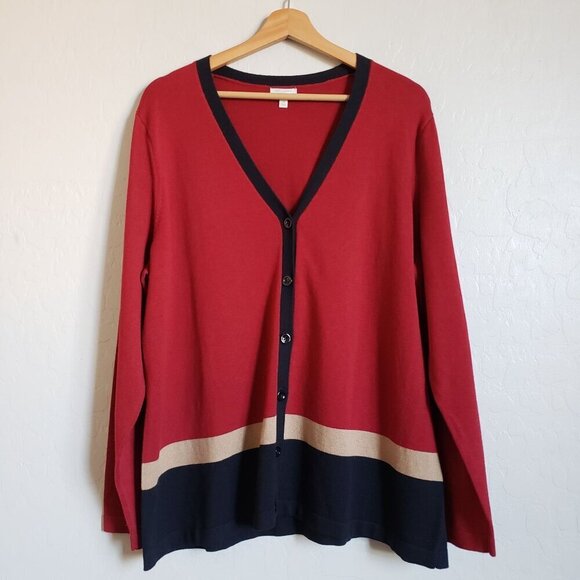 Talbots V-Neck Button Front Colorblock Cardigan Sweater Burgundy Women's 2X Plus - Picture 1 of 10